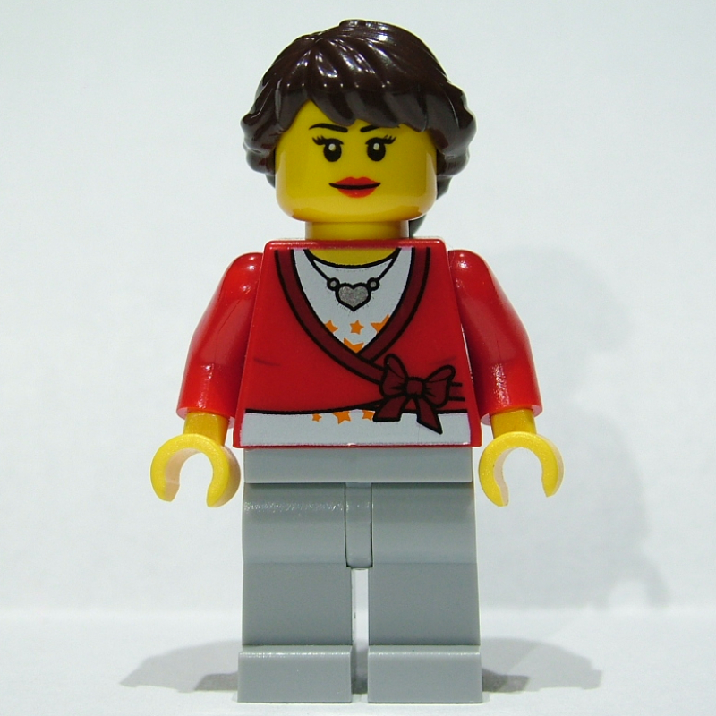 LEGO Woman, Cardigan Tied with Bow and Necklace, Light Bluish Gray  Legs, Dark Brown Hair (fig-009301)