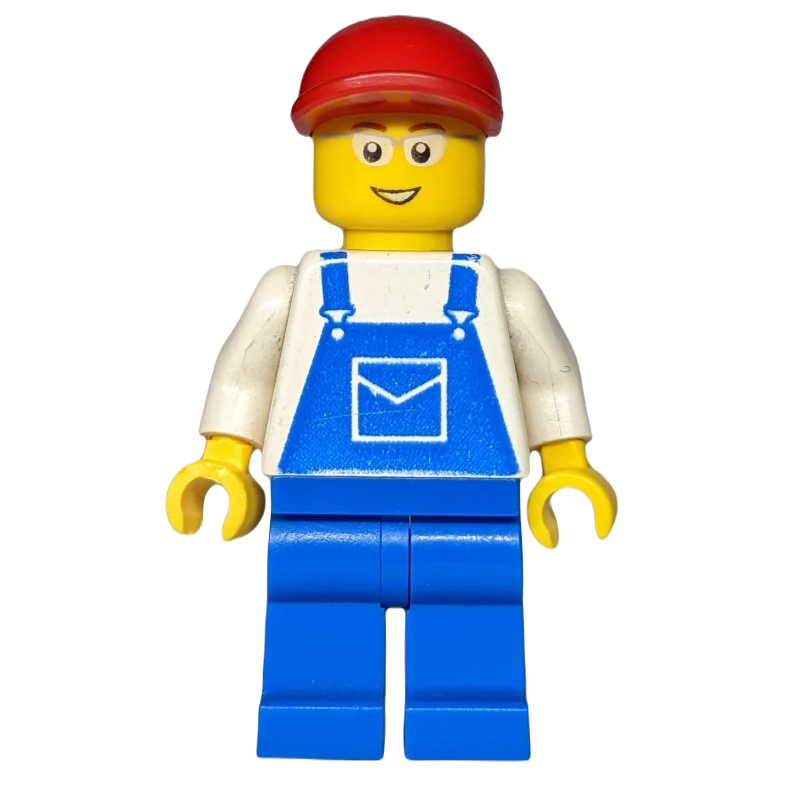LEGO Man, Blue Overalls over White V-Neck Shirt, Red Cap, Glasses, 3626bpr0646 Head (fig-009302)