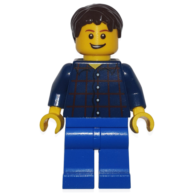 LEGO Man, Dark Blue Plaid Shirt, Blue Legs, Dark Brown Hair (3626b Head) (fig-009303)
