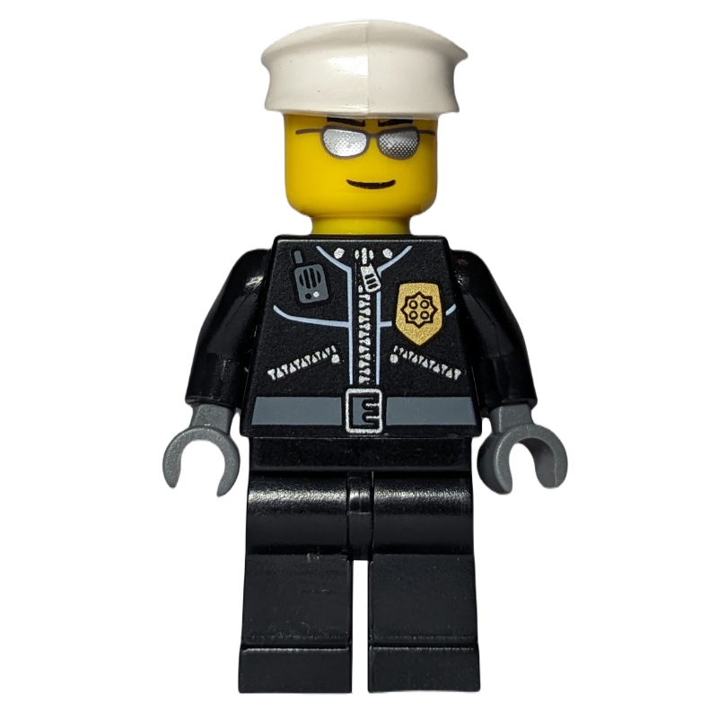 LEGO Policeman, Black Jacket with Zipper and Badge, White Hat, Silver Sunglasses (fig-009304)