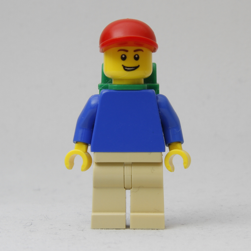 LEGO Blue Torso, Tan Legs, Red Cap, Green Backpack (fig-009315)