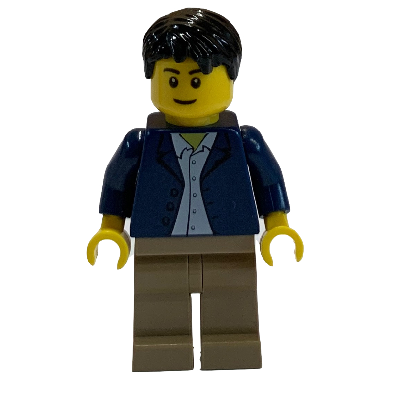 LEGO Dark Blue Torso, Dark Tan Legs, Black Hair (fig-009344)