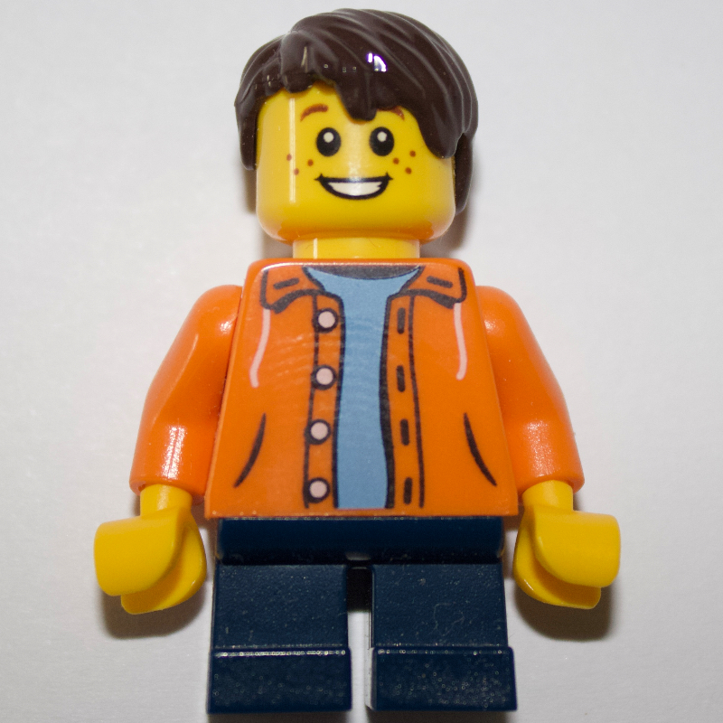 LEGO Kid - Orange Torso, Dark Blue Legs, Dark Brown Hair (fig-009354)