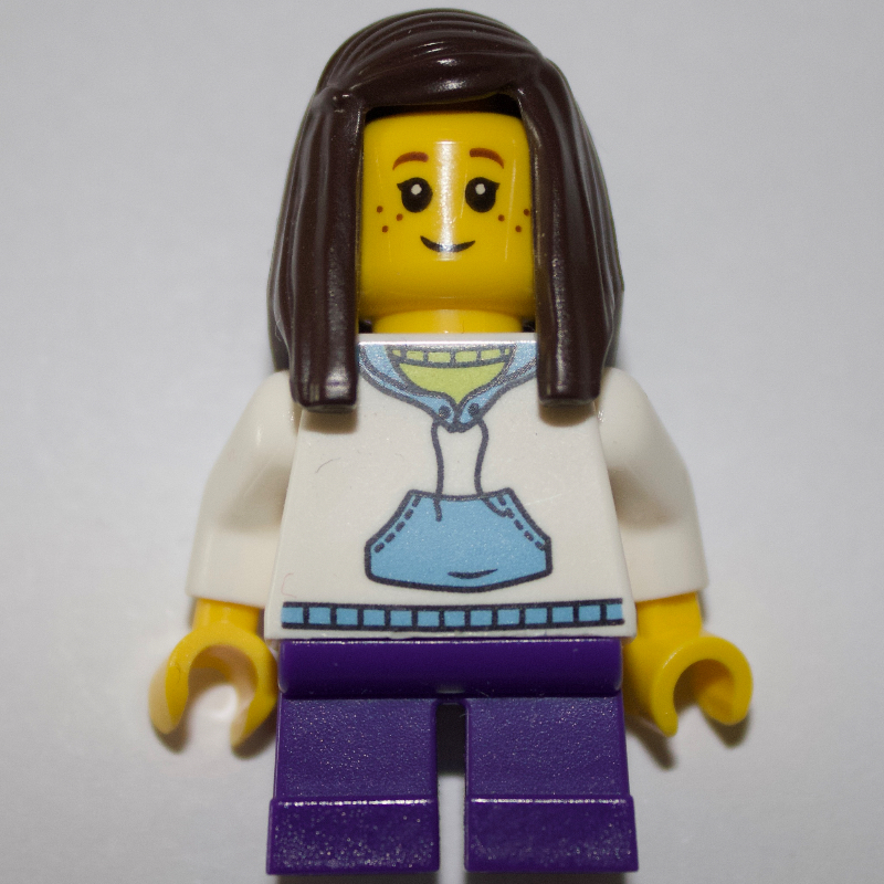 LEGO Kid - White Torso, Dark Purple Legs, Dark Brown Hair (fig-009355)