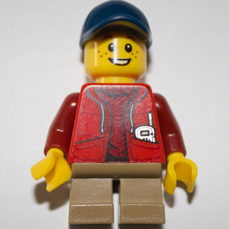 LEGO Kid - Red Torso, Dark Tan Legs, Dark Blue Cap (fig-009357)