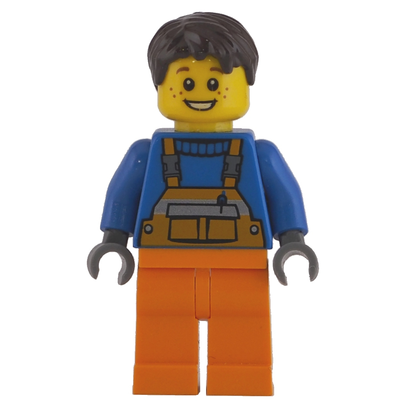 LEGO Worker - Blue Torso, Orange Overall, Dark Brown Hair (fig-009359)