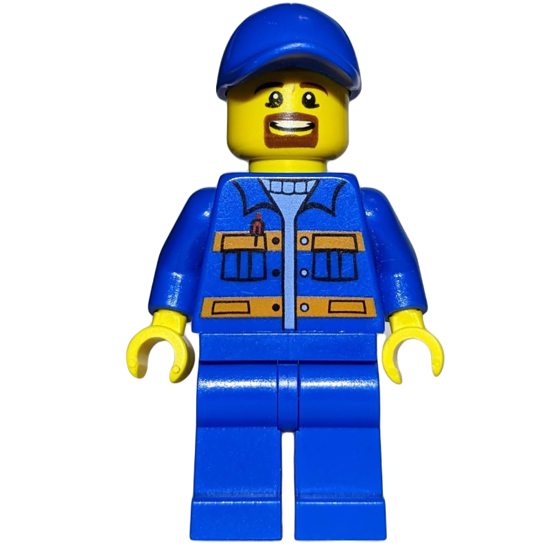 LEGO Worker, Blue Jacket with Orange Stripes, Blue Legs, Blue Cap, Goatee Beard (fig-009399)