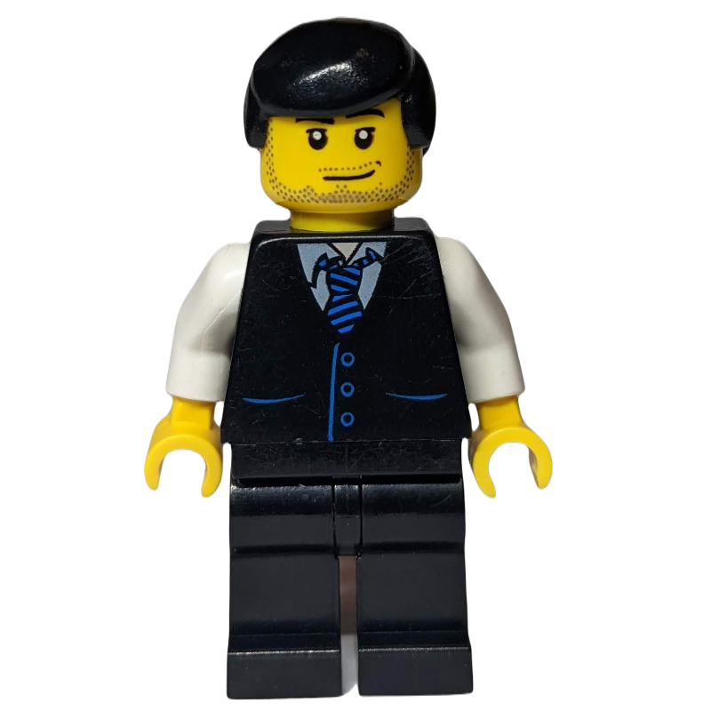 LEGO Man, Black Vest over White Shirt with Tie, Black Legs, Black Hair, Stubble (fig-009400)