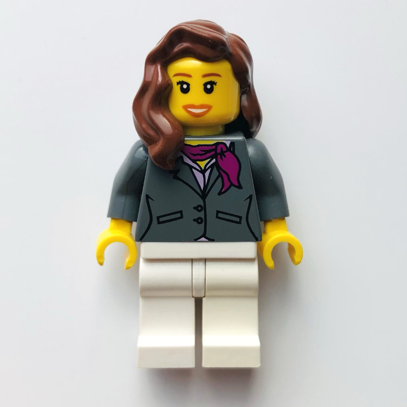 LEGO Woman, Dark Bluish Gray Jacket with Magenta Scarf, White Legs, Reddish Brown Hair (fig-009401)