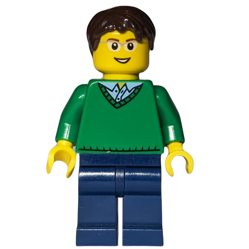 LEGO Man, Green V-Neck Sweater, Dark Blue Legs, Dark Brown Hair, Glasses (fig-009402)