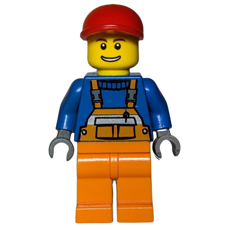 LEGO Construction Worker, Orange Overalls over Blue Sweater, Red Cap (fig-009403)