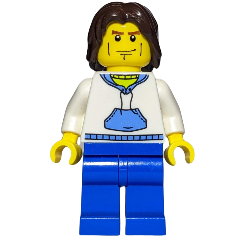 LEGO Man, White and Blue Hoodie, Blue Legs, Dark Brown Hair (fig-009405)