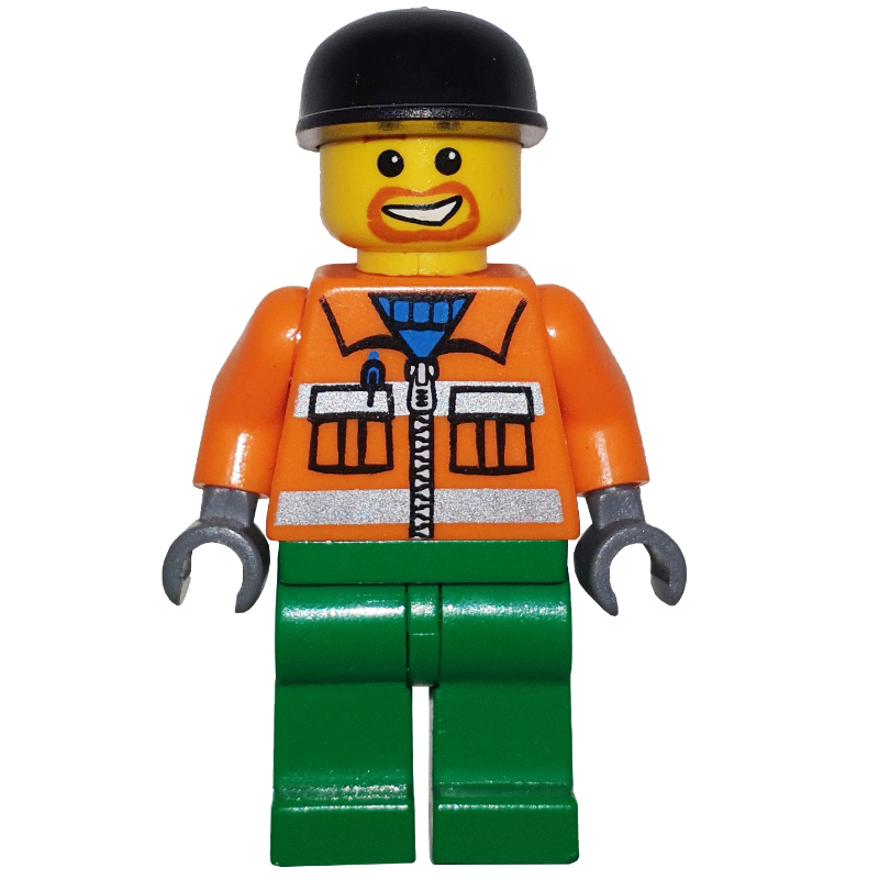LEGO Construction Worker, Orange Jacket with Zipper and Reflective Stripes, Green Legs, Black Cap, Goatee Beard (fig-009406)