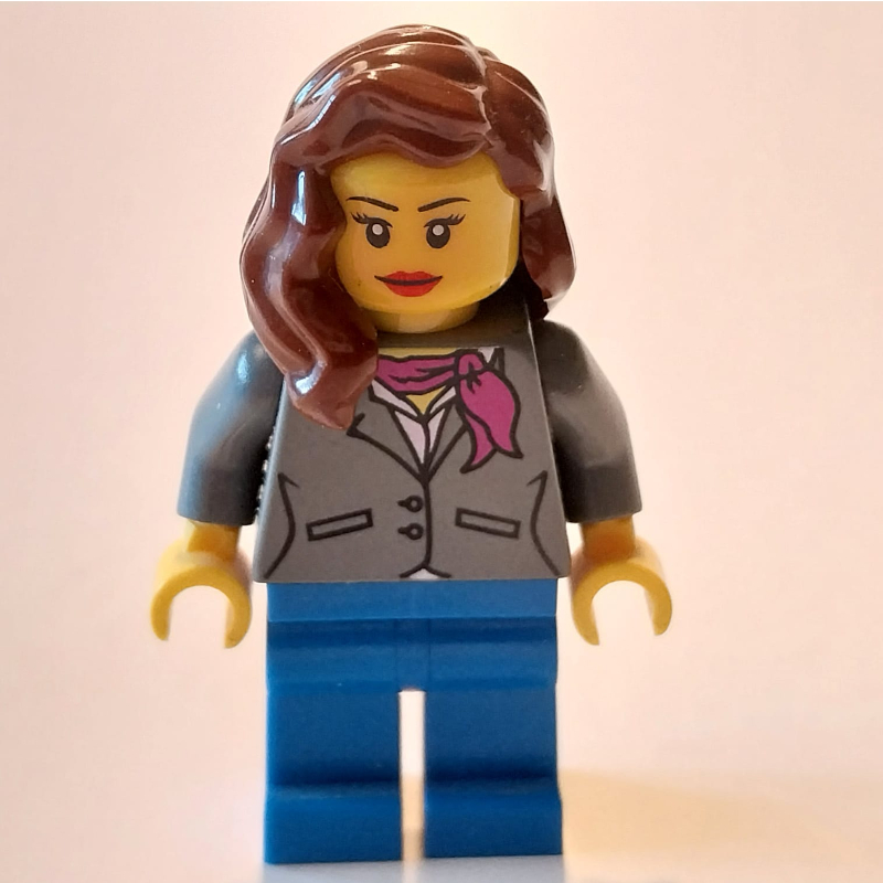 LEGO Woman, Dark Bluish Gray Jacket with Magenta Scarf, Blue Legs, Reddish Brown Hair (fig-009407)
