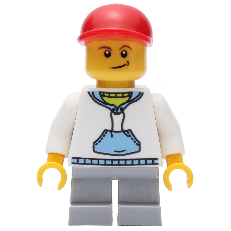 LEGO Boy, White and Blue Hoodie, Short Light Bluish Gray Legs, Red Cap (3626b Head) (fig-009408)