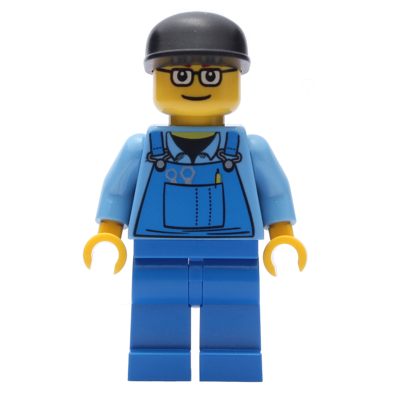 LEGO Man, Blue Overalls over Shirt, Blue Legs, Black Cap, Glasses (fig-009409)