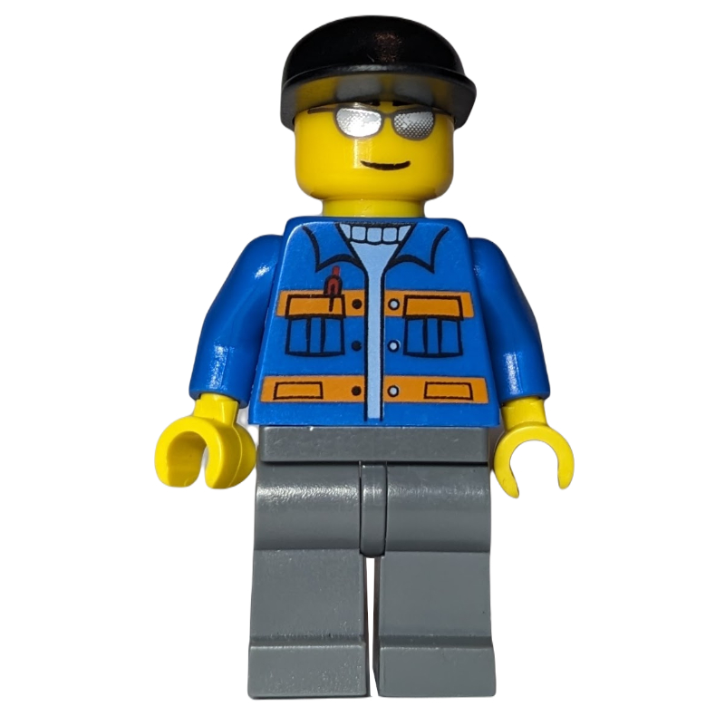 LEGO Worker, Blue Jacket with Orange Stripes, Dark Bluish Gray Legs, Black Cap, Silver Sunglasses (fig-009411)