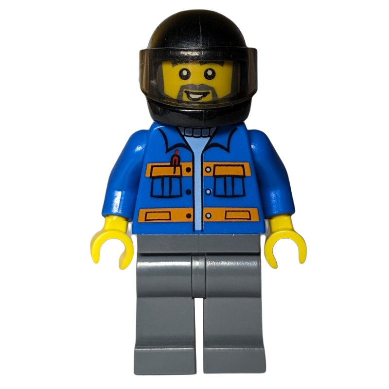 LEGO Worker, Blue Jacket with Orange Stripes, Dark Bluish Gray Legs, Black Helmet with Visor, Beard (fig-009412)