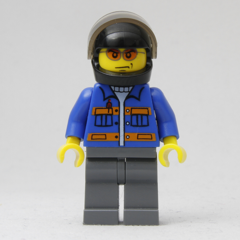 LEGO Worker, Blue Jacket with Orange Stripes, Dark Bluish Gray Legs, Black Helmet with Visor, Orange Sunglasses (fig-009413)