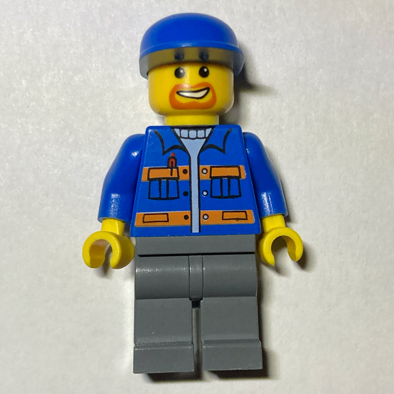 LEGO Worker, Blue Jacket with Orange Stripes, Dark Bluish Gray Legs, Blue Cap, Goatee Beard (fig-009414)