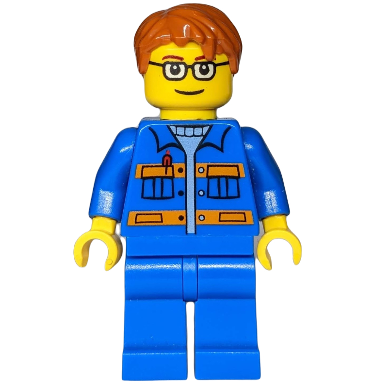 LEGO Worker, Blue Jacket with Orange Stripes, Blue Legs, Dark Orange Hair, Glasses (fig-009415)
