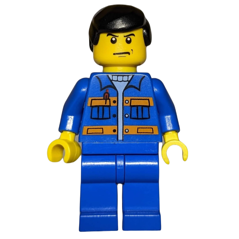 LEGO Worker, Blue Jacket with Orange Stripes, Blue Legs, Black Hair (fig-009416)
