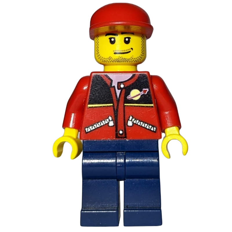 LEGO Man, Red Jacket with Classic Space Logo, Red Cap, Stubble (fig-009417)