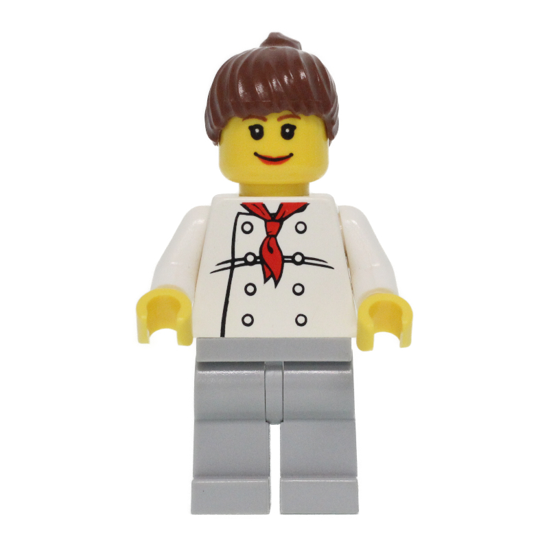 LEGO Chef, Woman, Red Neckerchief, Light Bluish Gray Legs, Reddish Brown Hair, 3626bpr0043 Head (fig-009418)