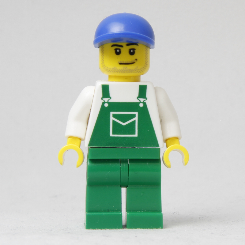 LEGO Man, Green Overalls, Blue Cap, Stubble (4485 Cap) (fig-009419)
