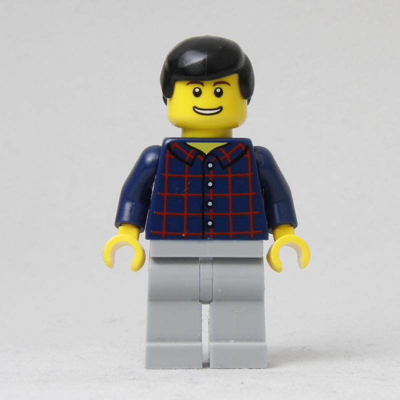 LEGO Man, Dark Blue Plaid Shirt, Light Bluish Gray Legs, Black Hair (fig-009420)
