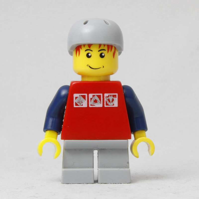 LEGO Boy, Red Top, Short Light Bluish Gray Legs, Light Bluish Gray Helmet (fig-009421)