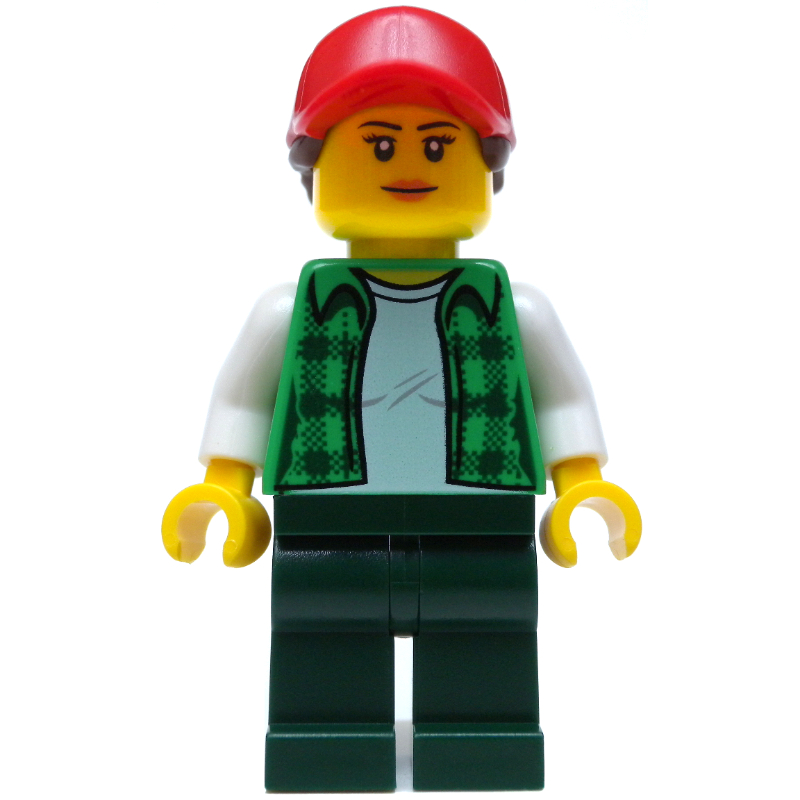 LEGO Woman, Open Green Flannel Shirt, Dark Green Legs, Red Cap with Hair (fig-009423)