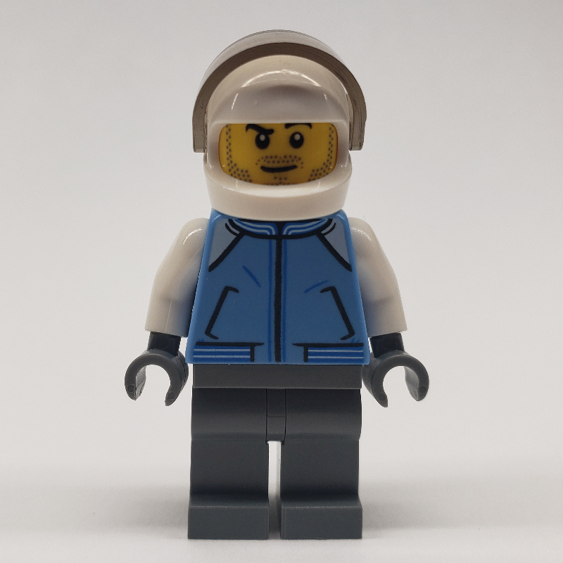 LEGO Pilot, Medium Blue Jacket, Dark Bluish Gray Legs, White Helmet with Visor, Stubble (fig-009424)