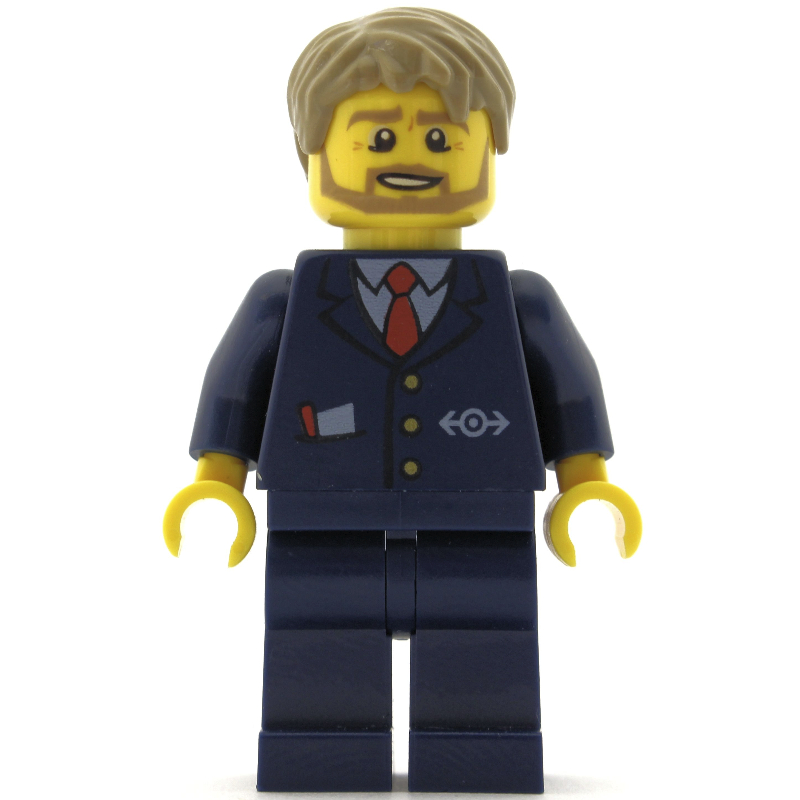 LEGO Bus Driver, Dark Blue Suit with Train Logo, Dark Tan Hair, Beard (fig-009425)