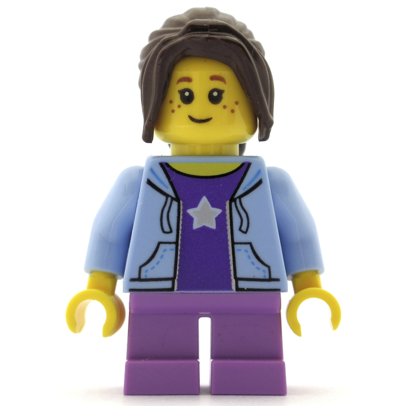 LEGO Girl, Open Bright Light Blue Hoodie over Dark Purple Shirt with Star, Short Medium Lavender Legs, Dark Brown Hair (fig-009426)