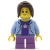 Girl, Open Bright Light Blue Hoodie over Dark Purple Shirt with Star, Short Medium Lavender Legs, Dark Brown Hair