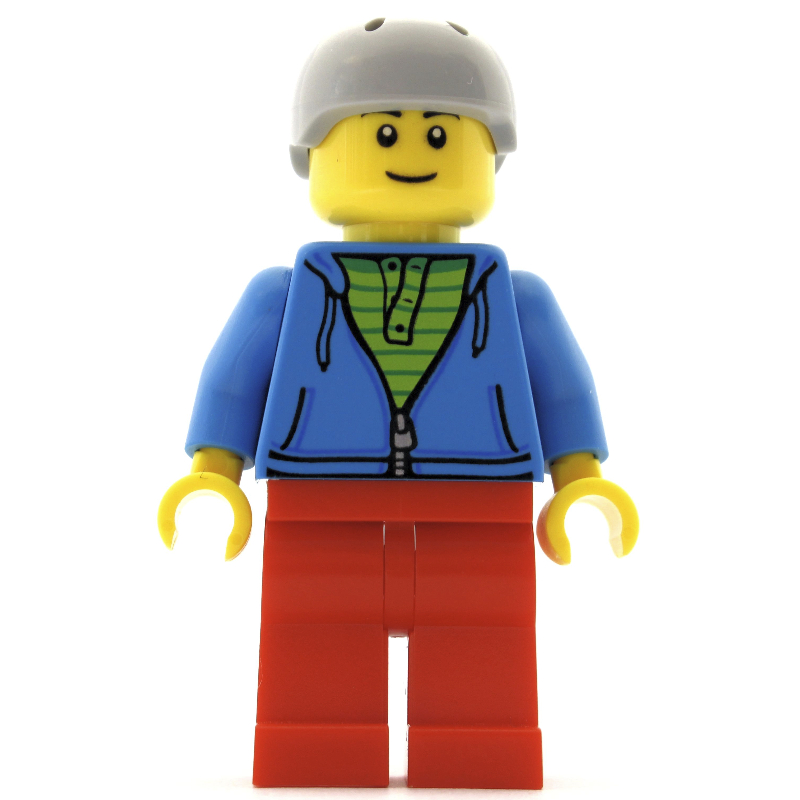 LEGO Man, Open Dark Azure Hoodie over Lime Shirt, Red Legs, Light Bluish Gray Helmet (fig-009427)