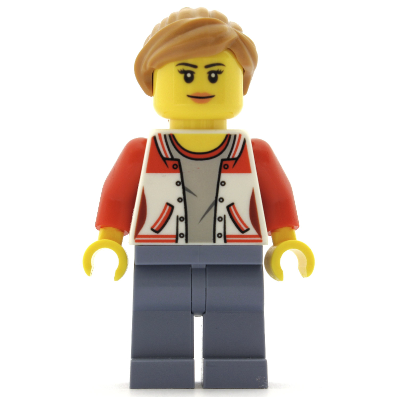 LEGO Woman, Red and White Letterman Jacket, Sand Blue Legs, Medium Nougat Hair (fig-009428)