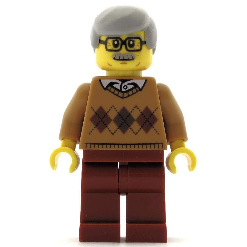 LEGO Man, Medium Nougat Argyle Sweater, Dark Red Legs, Moustache and Glasses (fig-009429)