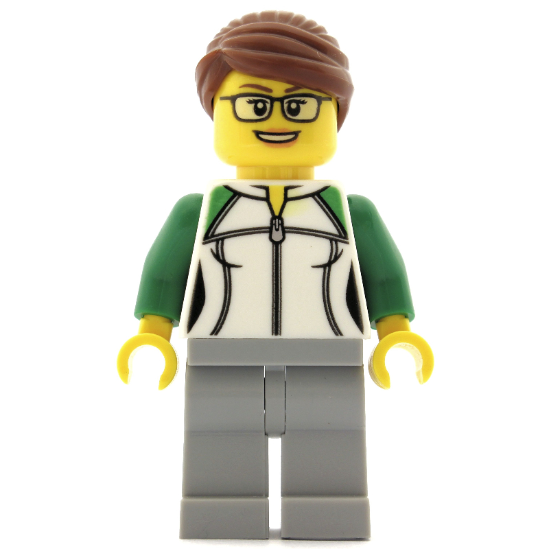 LEGO Woman, Green and White Jacket with Zipper, Light Bluish Gray Legs, Reddish Brown Hair, Glasses (fig-009430)
