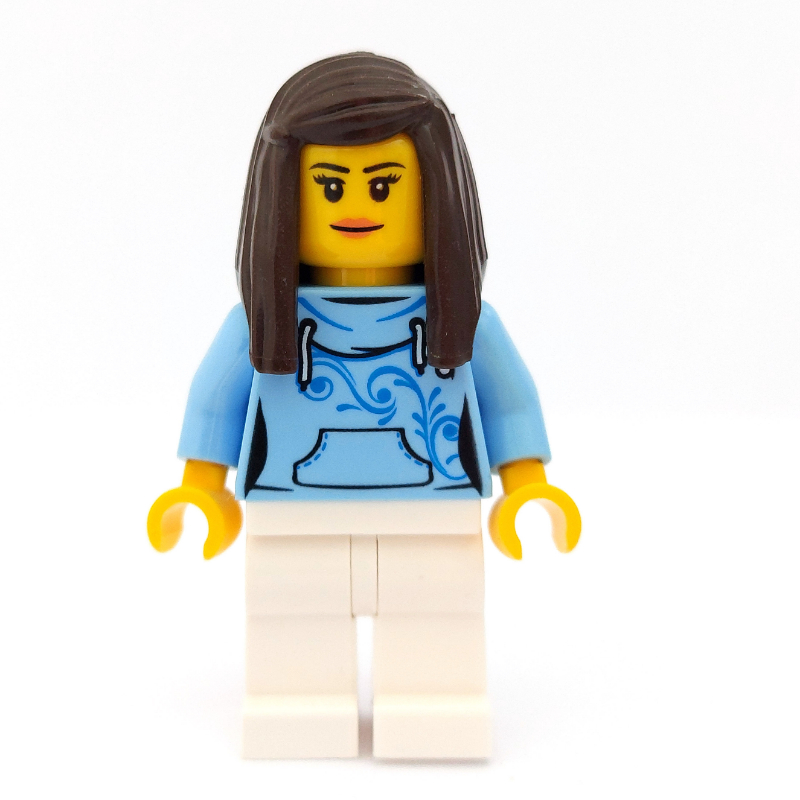 LEGO Woman, Bright Light Blue Hoodie, White Legs, Dark Brown Hair (fig-009432)