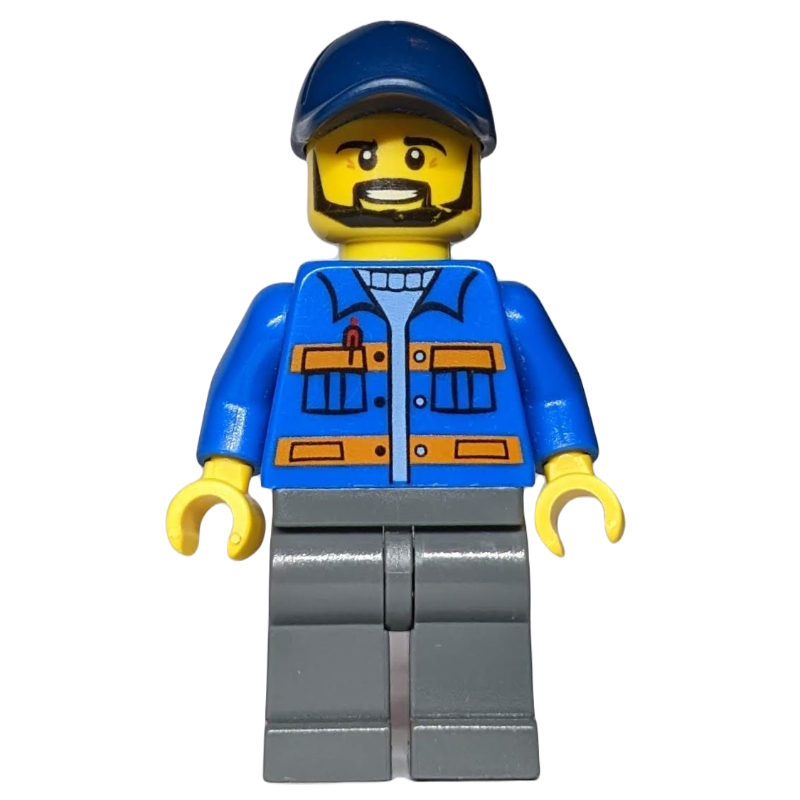 LEGO Worker, Blue Jacket with Orange Stripes, Dark Bluish Gray Legs, Dark Blue Cap (fig-009433)