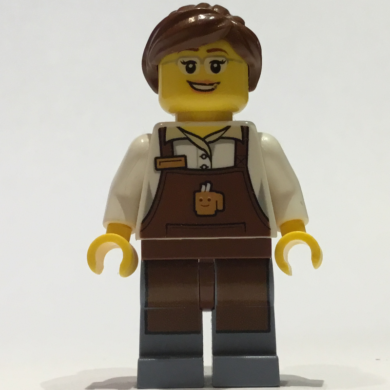 LEGO Barista, Woman, White Torso, Reddish Brown Apron, Reddish Brown Hair, Glasses (fig-009435)