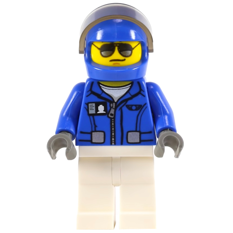 LEGO Pilot, Blue Jacket, White Legs, Blue Helmet with Visor, Sunglasses (fig-009436)