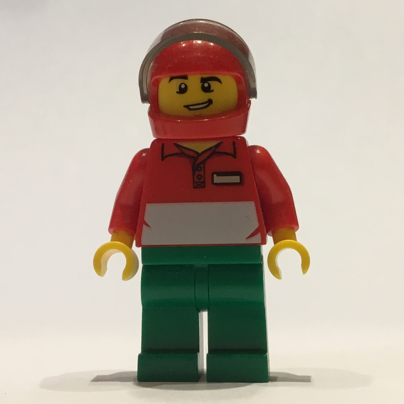 LEGO Pizza Delivery Man, Red and White Polo Shirt, Green Legs, Red Helmet with Visor (fig-009439)