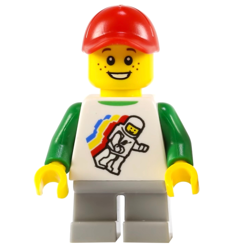 LEGO Boy, Floating Classic Spaceman on Shirt, Short Light Bluish Gray Legs, Red Cap (fig-009440)