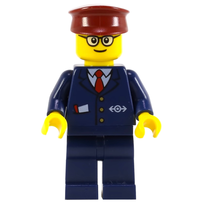 LEGO Train Conductor, Dark Blue Suit with Tie and Train Logo, Dark Red Hat, Glasses (3626c head) (fig-009441)