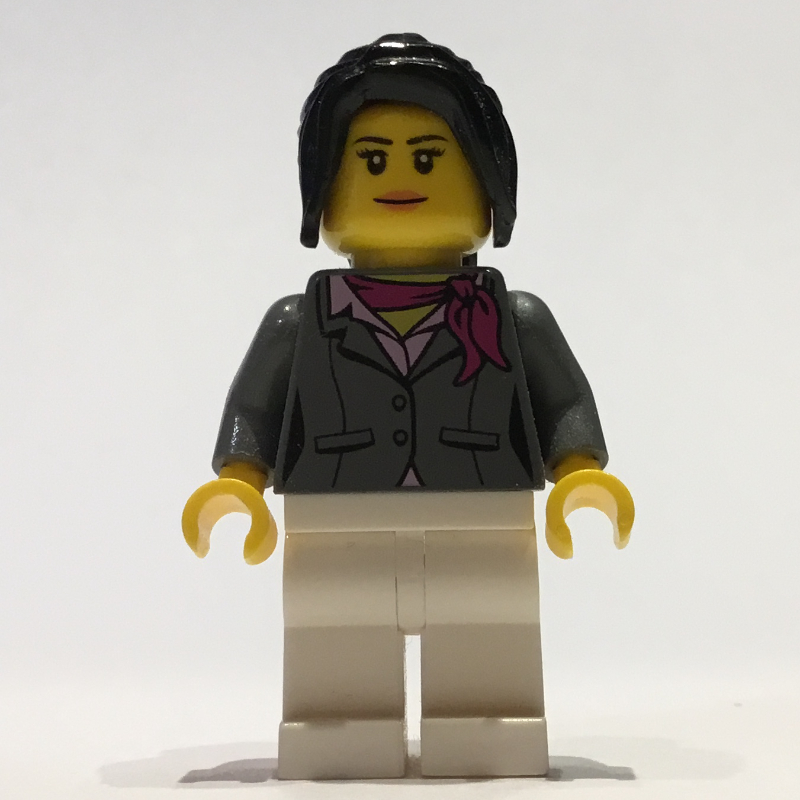 LEGO Woman, Dark Bluish Gray Jacket with Magenta Scarf, White Legs, Black Ponytail Hair (fig-009442)