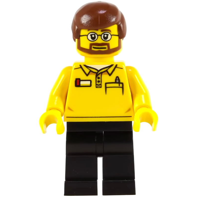 LEGO LEGO Store Employee, LEGO Logo on Back, Reddish Brown Hair, Beard and Glasses (fig-009444)