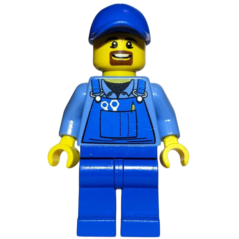 LEGO Man, Blue Overalls over Shirt, Blue Legs, Blue Cap, Goatee Beard (fig-009445)